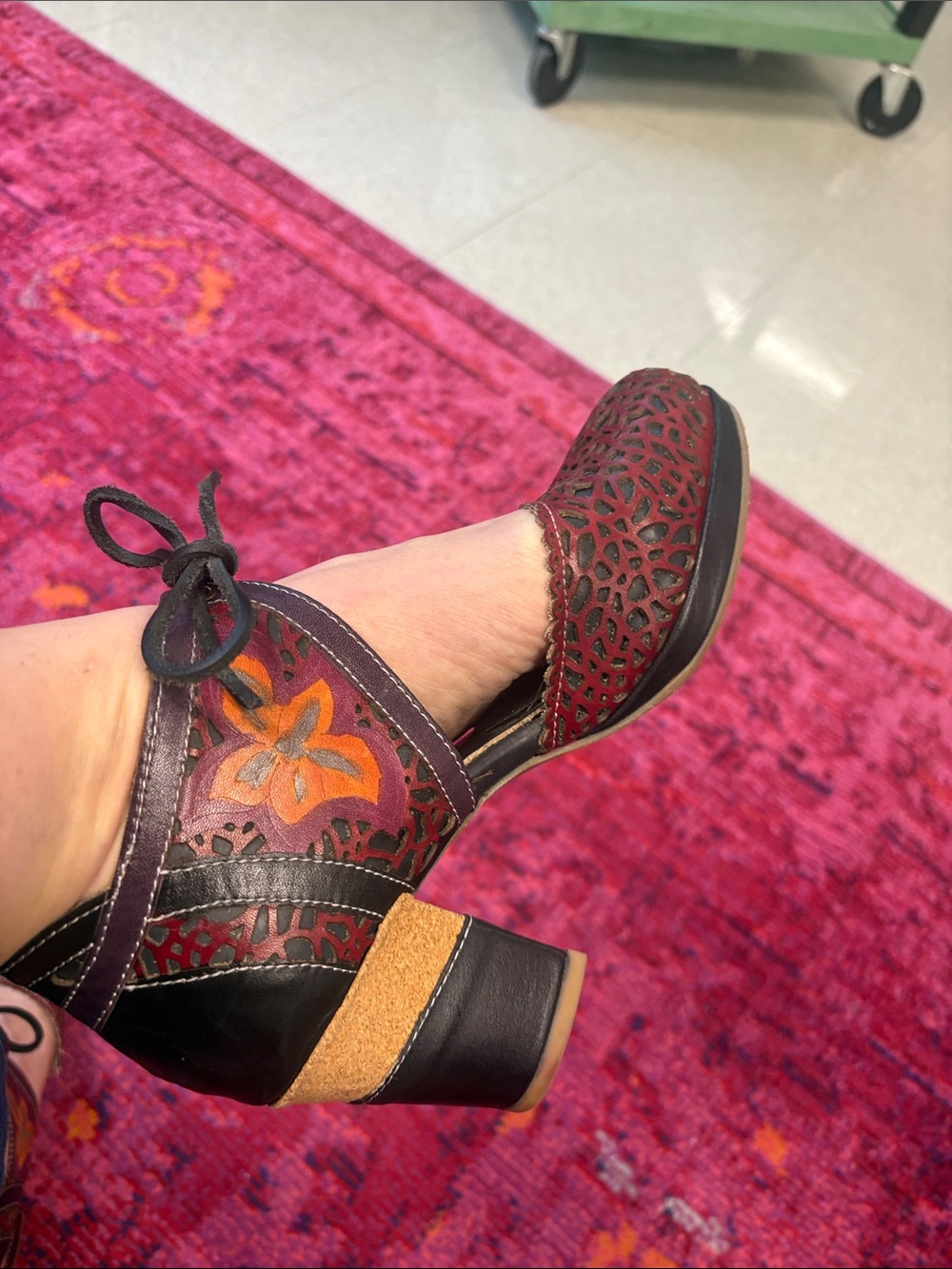 Lace-Up Cutout Block Heels in Burgundy with Orange Accent